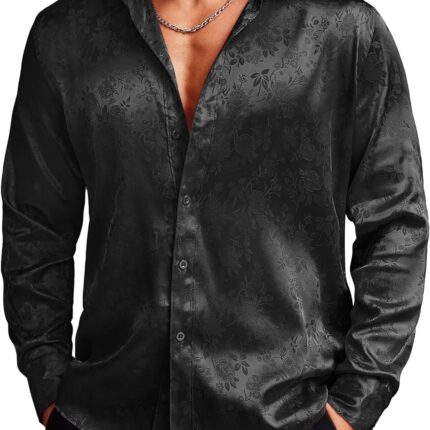 COOFANDY Men's Silk Satin Dress Shirts Jacquard Long Sleeve Floral Button Up Shirts Party Prom Wedding Shirt